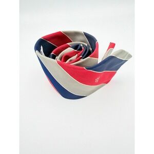 Bill Blass Mens Silk Blend Striped Necktie Navy Red Silver Herringbone BB Logo